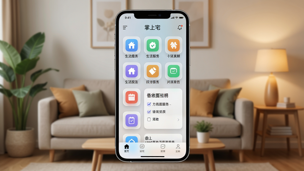 一张展示掌上宅APP核心界面的高清预览图,画面中央是一部智能手机,屏幕上显示着掌上宅应用的首页,包含生活服务图标网格、待办事项卡片和底部导航栏,背景是温馨的居家客厅场景,有沙发、绿植和暖色调台灯,布局居中对称,风格为现代简约科技风,细节包括圆角图标、柔和阴影和半透明毛玻璃效果,画质清晰干净,无多余元素。