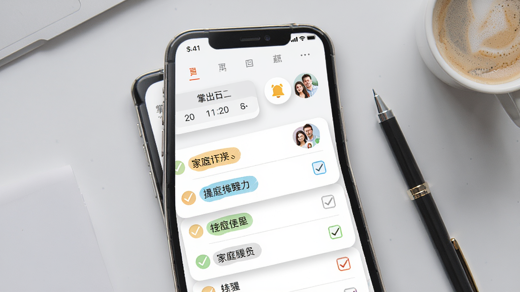一张展示掌上宅APP日程管理界面的AI生成图,画面主体是手机屏幕,屏幕上显示着彩色标签的待办事项列表,包含日期选择器、提醒铃铛图标和家庭成员头像,背景为浅灰色桌面搭配一支笔和一杯咖啡,布局为上下结构,风格为清新商务风,细节有卡片式设计、柔和阴影和勾选框,画质清晰干净,无多余元素。