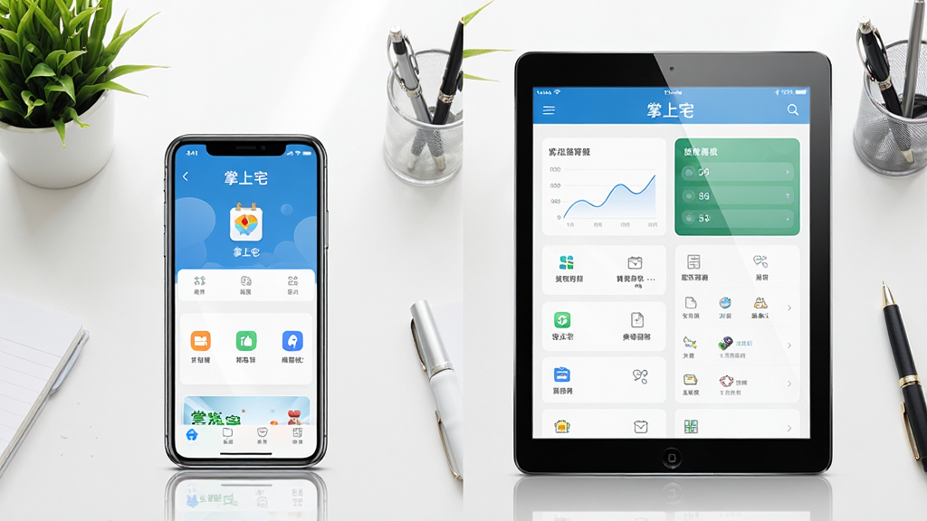 一张展示掌上宅APP在手机与平板双设备上运行的效果图,画面主体为一部手机和一台平板电脑并排摆放,两块屏幕上分别显示掌上宅的不同功能页面,背景为整洁的白色书桌,有绿植和文具点缀,布局为左右对比,风格为产品展示风,细节有设备边框反光和屏幕内容清晰可见,画质高清干净,无多余元素。