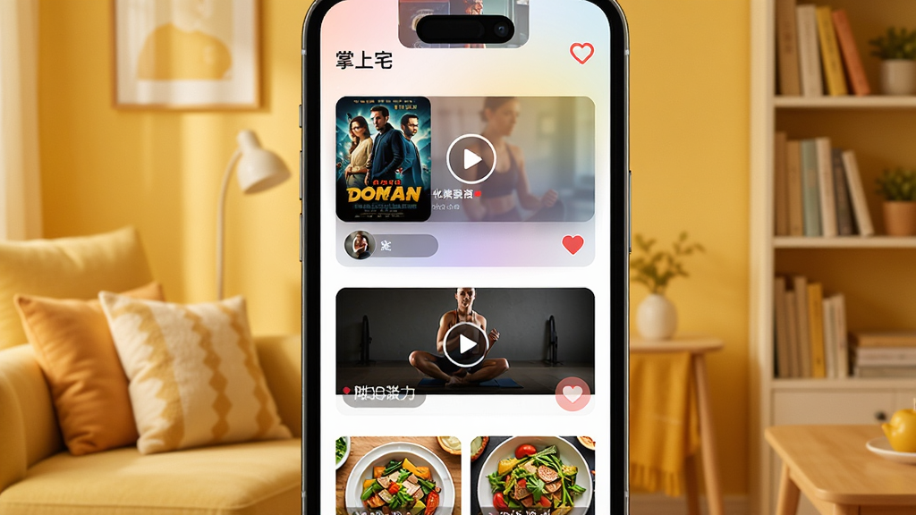 一张展示掌上宅APP个性化推荐页面的AI生成图,画面主体是手机屏幕,屏幕上显示着影视海报、健身视频缩略图和菜谱卡片混合排列的信息流,背景为暖黄色调的家居环境,有抱枕和书架,布局为瀑布流式,风格为现代生活美学,细节有渐变遮罩、播放按钮图标和收藏心形,画质清晰干净,无多余元素。