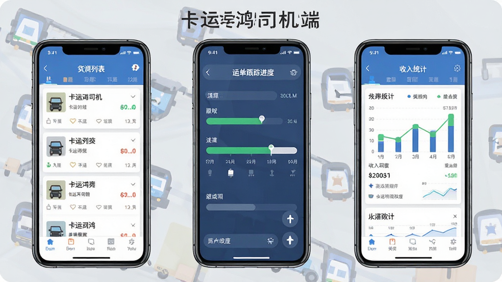 卡运鸿司机端功能界面展示,画面分为三个手机屏幕并排布局,左侧屏幕显示货源列表,中间屏幕显示运单跟踪进度条,右侧屏幕显示收入统计图表,整体采用扁平化设计风格,背景为浅灰色,细节清晰,画质干净,无多余装饰,文字标注“卡运鸿司机端”