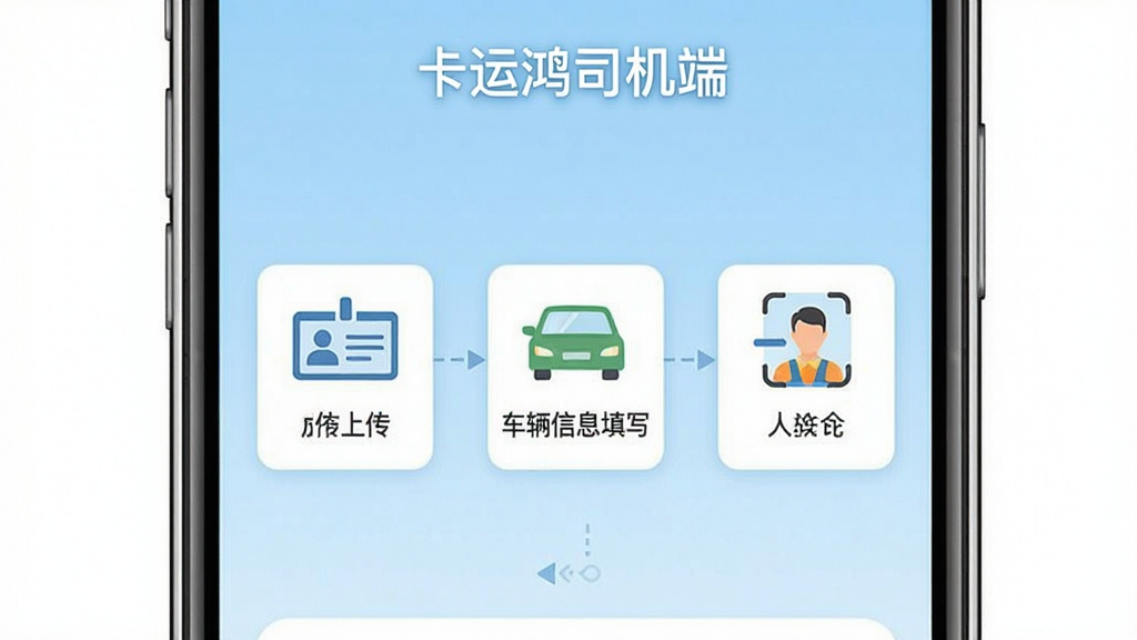 卡运鸿司机端新手操作指引图,画面展示一部手机屏幕,屏幕内显示注册认证步骤流程图,包含身份证上传、车辆信息填写、人脸识别三个图标模块,背景为简洁的浅蓝色渐变,布局居中对称,风格为扁平化信息图,细节清晰,画质干净,无多余杂乱元素,文字标注“卡运鸿司机端”