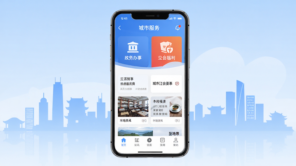 睐枝江手机应用主界面预览图,画面中央展示一部智能手机,屏幕内呈现蓝白色调的城市服务应用首页,布局包含政务办事图标、工会福利入口、本地资讯卡片和底部导航栏,背景为枝江城市剪影与淡蓝色渐变,风格简洁现代,细节清晰,画质干净,无多余元素
