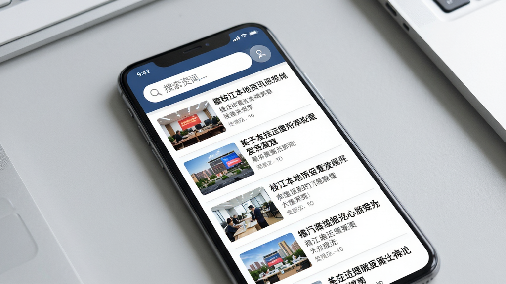 睐枝江本地资讯页面展示图,画面主体为手机屏幕内滚动展示枝江本地新闻列表,每条新闻配有缩略图与标题,顶部搜索栏清晰可见,背景为浅灰色工作台面,风格商务简约,细节丰富,画质干净,无多余元素