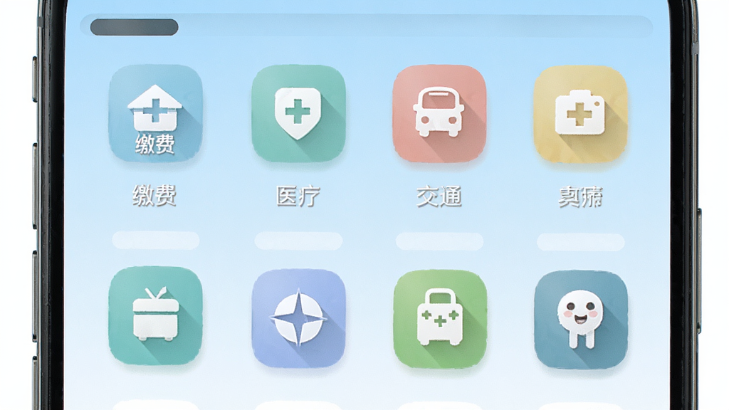 睐枝江便民服务功能聚合页面图,手机屏幕内以网格形式排列各类生活服务图标,包括缴费、医疗、交通等,配色清新淡雅,背景为浅蓝色渐变,风格整洁有序,细节清晰,画质干净,无多余元素