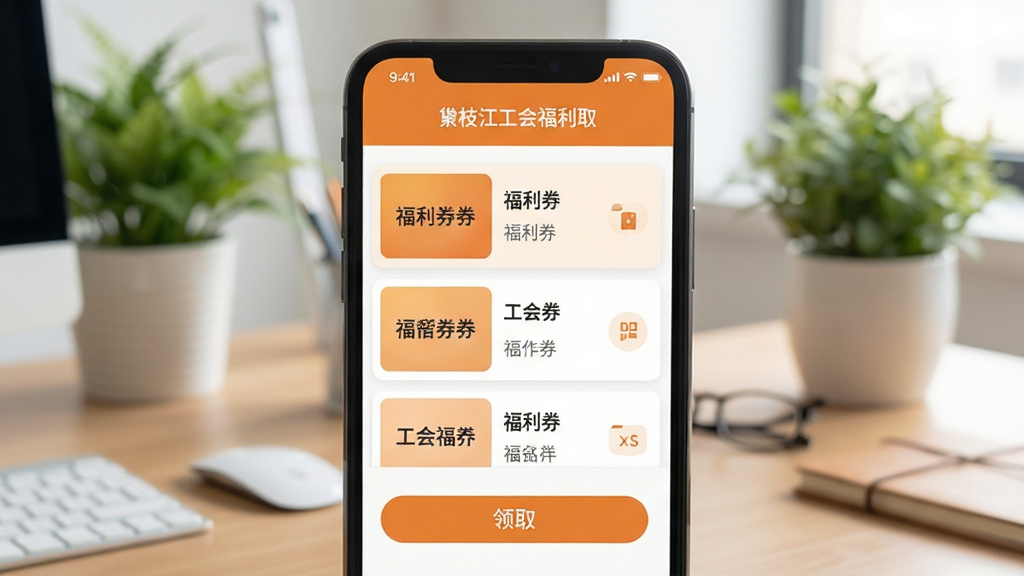 睐枝江工会福利领取界面图,手机屏幕显示福利券列表与领取按钮,页面色彩以温暖橙色与白色为主,背景为办公桌面与绿植点缀,风格温馨实用,细节清晰,画质干净,无多余元素