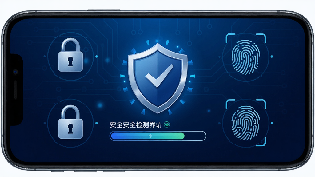 睐枝江安全防护功能示意图,手机屏幕中央显示盾牌图标与安全检测进度条,周围环绕加密锁与指纹识别元素,背景为深蓝色科技感渐变,风格稳重专业,细节清晰,画质干净,无多余元素
