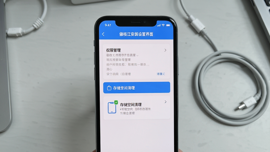 睐枝江安装设置界面示意图,手机屏幕显示权限管理页面与存储空间清理选项,背景为浅灰色桌面与充电线,风格清晰实用,细节丰富,画质干净,无多余元素