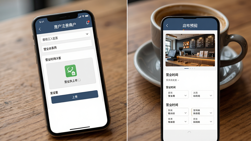 睐枝江商户入驻页面展示图,手机屏幕显示商户注册表单与店铺预览界面,包含营业执照上传区域与营业时间设置项,背景为木质桌面与咖啡杯,风格商务休闲,细节丰富,画质干净,无多余元素