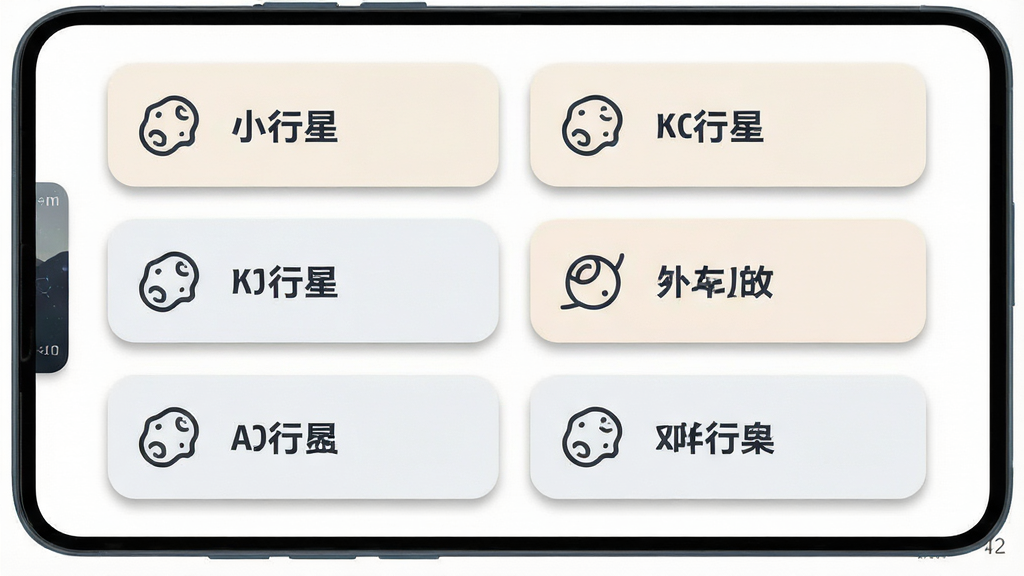 一张安卓手机界面截图风格的图片,展示“小行星”应用的功能卡片排列,卡片为圆角矩形、浅色底、深色文字,背景为白色,布局为三行两列网格,风格为现代简约,细节包括卡片轻微的阴影和图标线条,画质清晰干净,无多余元素