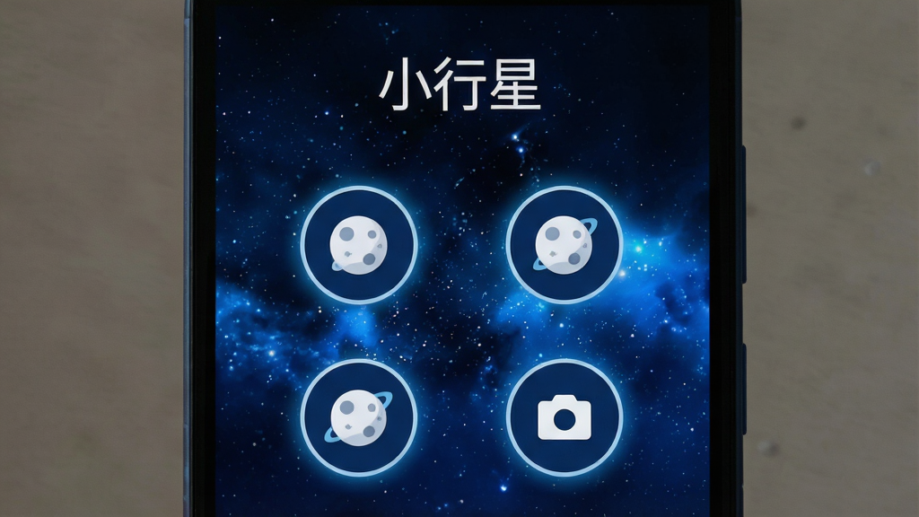 一张展示安卓手机屏幕的图片,画面中央是名为“小行星”的应用主界面,界面采用深蓝色星空背景,顶部有“小行星”白色文字标题,下方排列四个圆形功能图标,布局简洁对称,风格为扁平化科技感,细节包括图标边缘的微弱发光效果,画质清晰干净,无多余元素