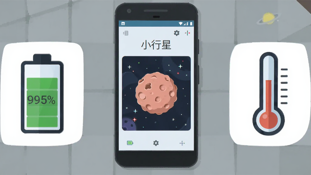 一部安卓手机放置在桌面上,屏幕显示“小行星”应用运行状态界面,旁边有一个绿色电池图标和一个温度计图标,布局为手机居中、图标悬浮两侧,风格为科技感扁平插画,细节包括电池图标的电量显示和温度计的刻度,画质清晰干净,无多余元素