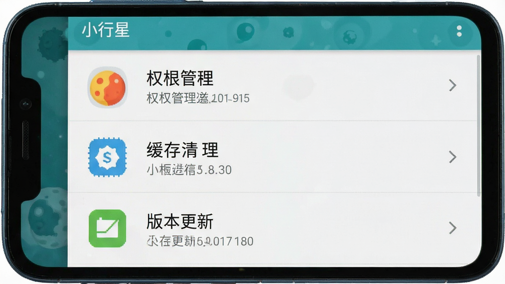 一张安卓手机屏幕显示“小行星”应用设置界面的图片,界面中有权限管理、缓存清理、版本更新等选项,布局为垂直列表,风格为清爽工具类,细节包括每个选项左侧的彩色小图标和右侧的箭头指示,画质清晰干净,无多余元素