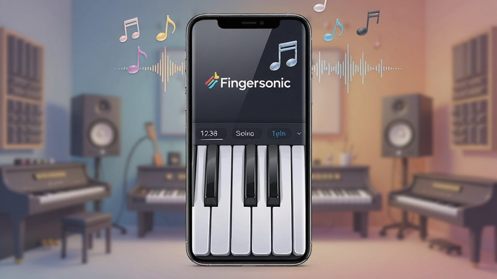 画面主体是一款智能手机,手机屏幕显示Fingersonic软件的钢琴键盘界面,布局为手机竖屏居中,背景为柔和渐变色的音乐工作室环境,排版上手机上方漂浮着音符与声波图形,风格采用现代科技感与音乐艺术结合的插画风格,细节上强调琴键的立体感与屏幕反光,画质清晰干净,无多余元素,图片中文字标注“Fingersonic”