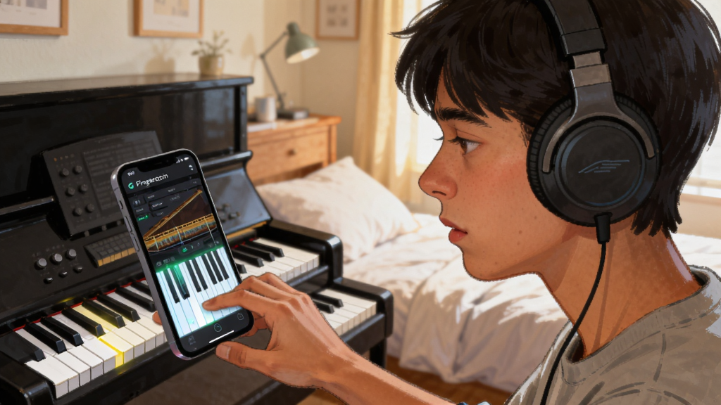 画面主体是一位年轻人戴着耳机在手机上使用Fingersonic软件弹奏钢琴,布局为人物半身侧面与手机屏幕同框,排版上背景为温馨的卧室环境,风格为生活化写实插画,细节上强调人物专注的表情与手机屏幕的琴键光效,画质柔和干净,无多余元素