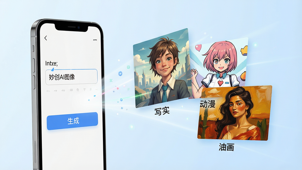 一张展示妙创AI图像生成功能的示意图,画面左侧是一部手机,屏幕上显示文字输入框和“生成”按钮,右侧是从手机中飘出的三张不同风格的AI画作,分别标注“写实”“动漫”“油画”,背景为柔和的浅蓝色渐变,整体排版左机右图,风格清新科技感,画质高清,干净无杂物
