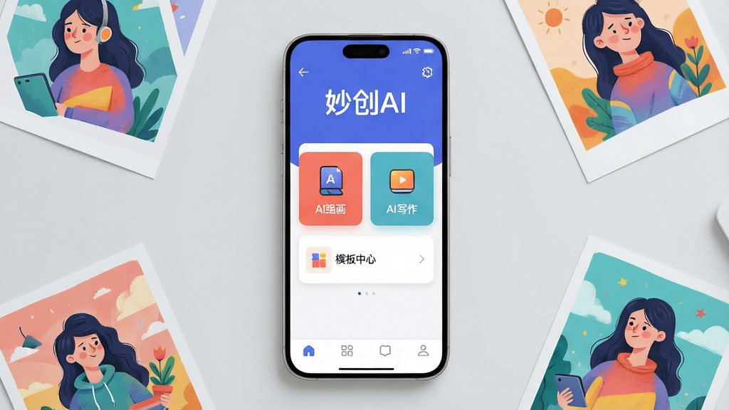 一张展示妙创AI手机应用界面的场景图,画面中央是一部竖屏智能手机,屏幕显示妙创AI主界面,界面顶部有“妙创AI”文字标识,中部排列着AI绘画、AI写作、模板中心等功能卡片,底部有导航栏,手机周围散落着几张由AI生成的彩色插画小图,背景是干净的浅灰色桌面,整体风格简洁现代,画质清晰,无多余元素