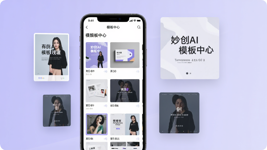 一张展示妙创AI模板中心界面的图片,画面主体为一部手机,屏幕显示模板中心页面,网格状排列着海报、名片、封面等模板缩略图,手机旁边漂浮着几个放大的模板预览图,背景为淡紫色渐变,风格清爽简约,画质清晰,无多余元素