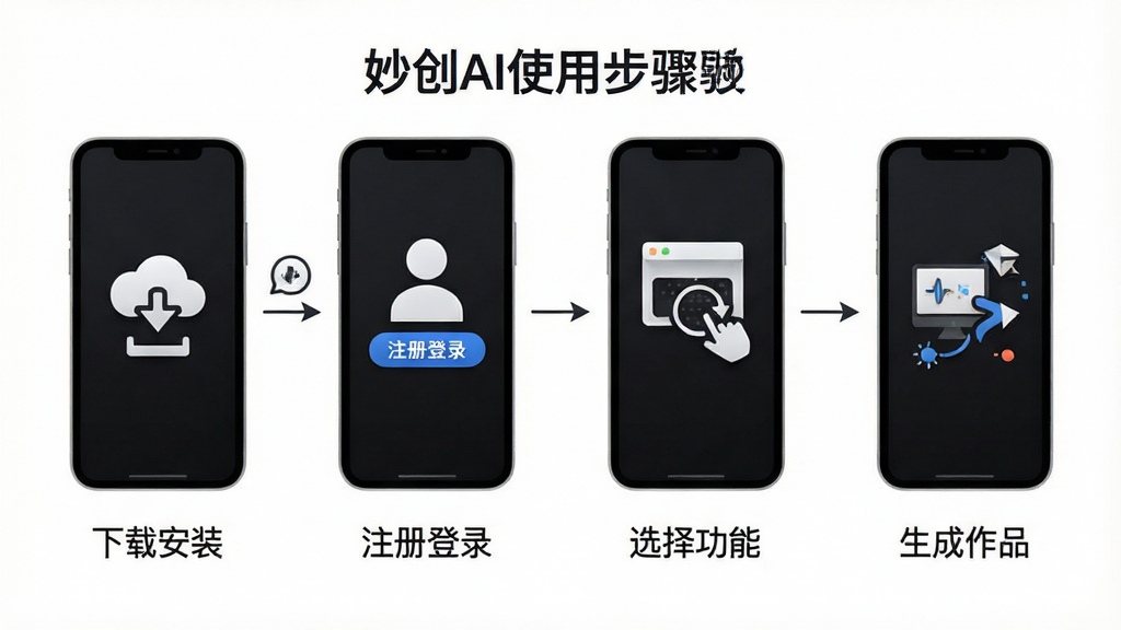 一张展示妙创AI使用步骤的流程图,画面采用横向排版,从左到右依次为四个手机图标,分别标注“下载安装”“注册登录”“选择功能”“生成作品”,每个图标下方配有一句简短说明文字,背景为白色,风格简洁商务,画质清晰,无多余装饰