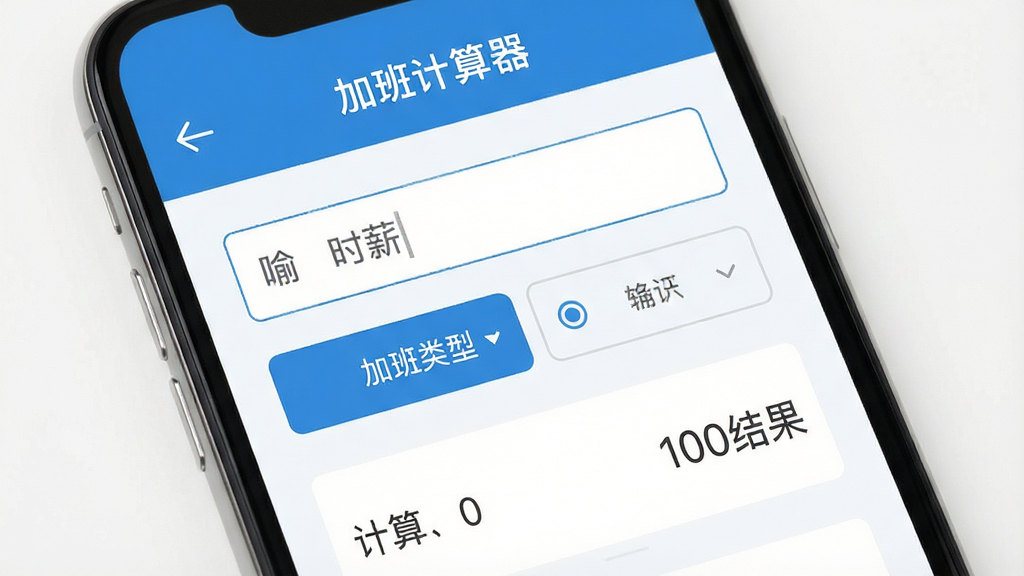 一张展示手机屏幕的图片,屏幕中央显示“加班计算器”应用主界面,界面包含时薪输入框、加班类型选择按钮和计算结果展示区,布局简洁明了,采用扁平化设计风格,色调以蓝白为主,细节清晰可见,画面干净整洁,无多余元素,高清画质