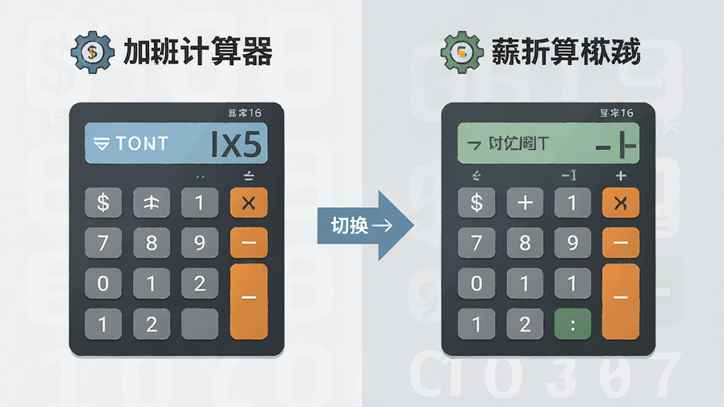 一张展示“加班计算器”功能模块的示意图,画面分为左右两部分,左侧为时薪输入模式,右侧为月薪折算模式,中间用箭头连接表示切换关系,背景为浅灰色,图标和文字标注清晰,采用简洁的矢量插画风格,细节精致,画面干净,高清画质