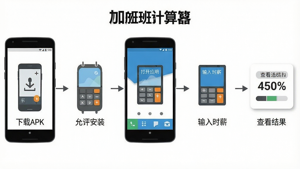 一张展示“加班计算器”在安卓手机上安装与使用的流程图,画面从左到右依次为下载APK、允许安装、打开应用、输入时薪、查看结果五个步骤,每个步骤配简洁图标和短文字说明,背景为纯白色,风格扁平化,细节清晰,画面干净整洁,高清画质