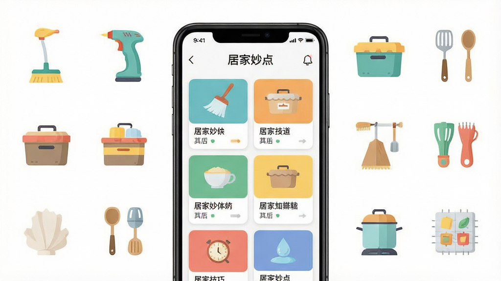 一张展示居家妙点软件界面的图片,主体为手机屏幕中显示各类居家技巧分类卡片,布局为居中展示手机,周围环绕清洁工具、收纳盒、厨房用品等小图标,排版简洁明快,风格为扁平化插画,细节包含“居家妙点”文字标识,画质清晰,干净,无多余元素