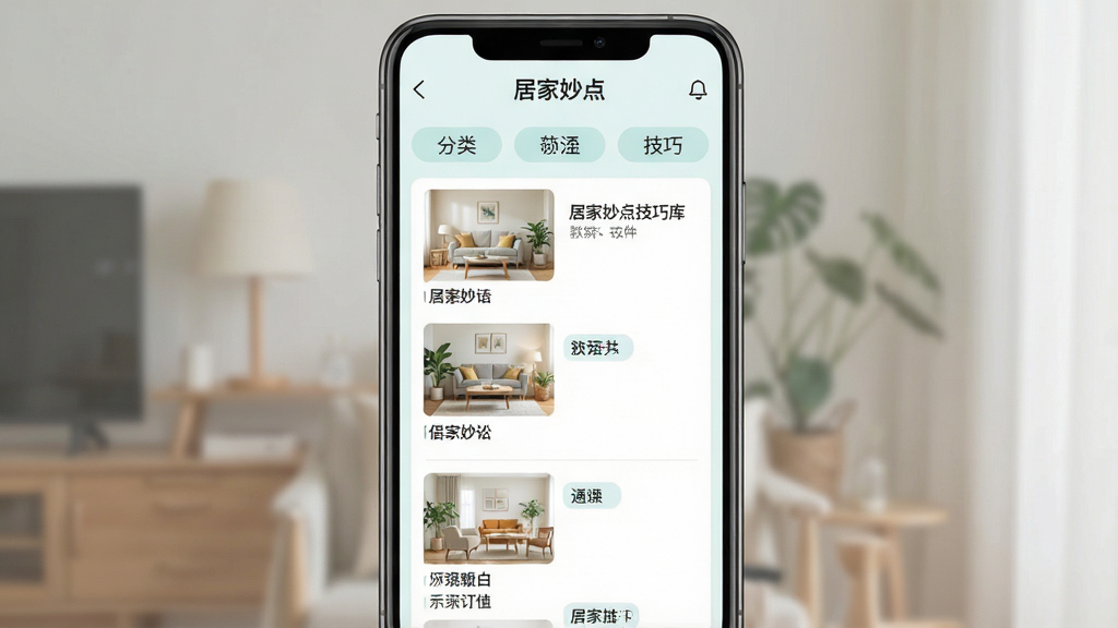 一张展示居家妙点技巧库页面的图片,主体为分类标签和技巧列表,布局为纵向滚动界面,排版整齐,风格为清新浅色UI,细节包含“居家妙点”软件名称和多个技巧标题,画质清晰,干净,无多余元素