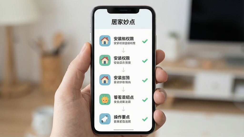 一张展示居家妙点新手引导页面的图片,主体为手机屏幕中分步提示安装权限和操作要点,布局为纵向步骤条,排版简洁,风格为扁平化图标,细节包含“居家妙点”文字和勾选标记,画质清晰,干净,无多余元素