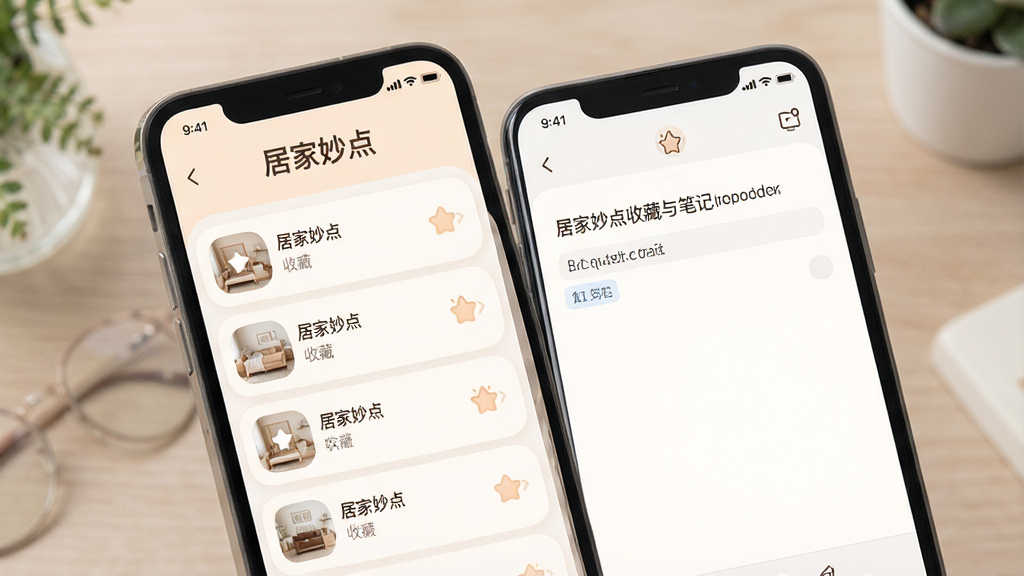 一张展示居家妙点收藏与笔记功能的图片,主体为手机屏幕中收藏列表和笔记编辑框,布局为左右分栏,排版清晰,风格为柔和圆角设计,细节包含“居家妙点”文字和收藏图标,画质清晰,干净,无多余元素