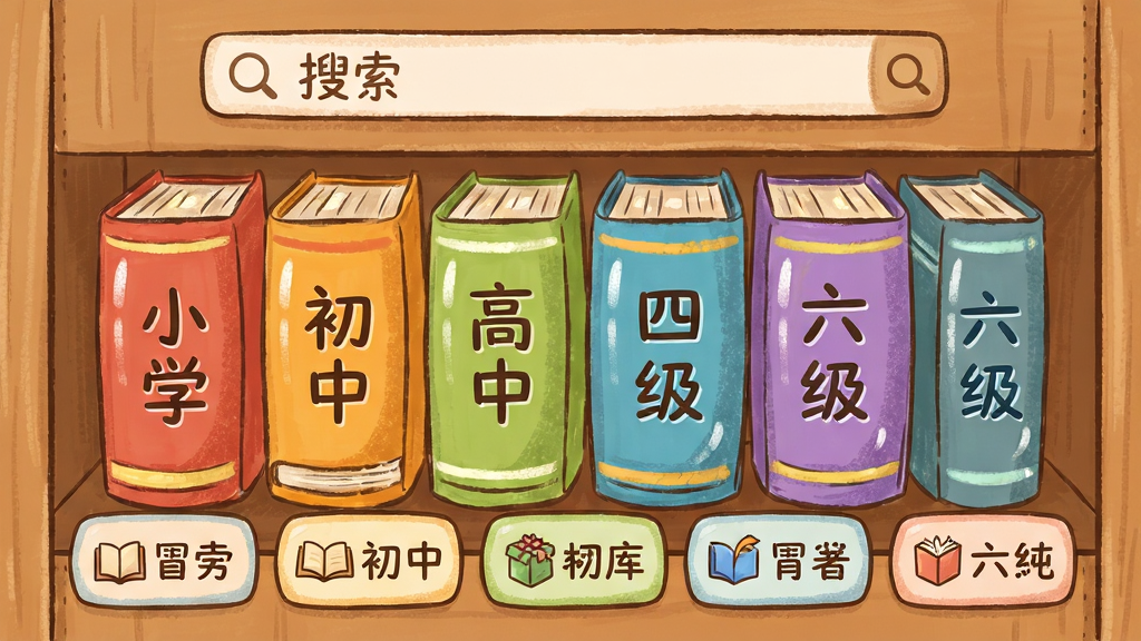 单词大冒险词库选择界面预览图,画面主体是一排排彩色书脊组成的书架,每本书脊上标注着不同词库名称如小学、初中、高中、四级、六级等,布局为上下结构上方为搜索框下方为词库分类标签,排版整齐规整,风格为温馨手绘风,细节上书本有高光质感、标签带有小图标,画质高清,画面干净,无多余元素