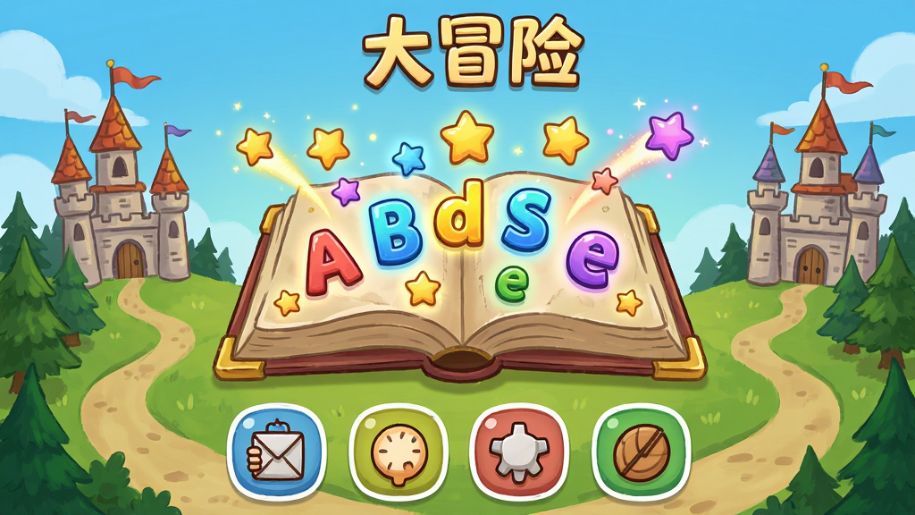 单词大冒险软件主界面预览图,画面中央是一本打开的魔法书,书页上浮现出彩色英文字母和卡通星星,周围环绕着城堡、森林、小径等冒险元素,主体位于画面正中,布局采用上下结构上方为软件名称下方为功能图标矩阵,排版简洁清晰,风格为卡通手绘风,细节上字母带有微光特效、星星有拖尾光晕,画质高清,画面干净,无多余元素