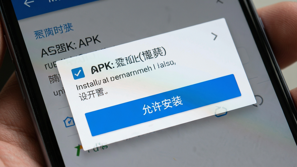一张展示手机安装APK文件时权限设置界面的AI生图,主体为手机屏幕特写,布局为系统权限弹窗,排版为对话框形式,风格为安卓系统原生界面,细节包括