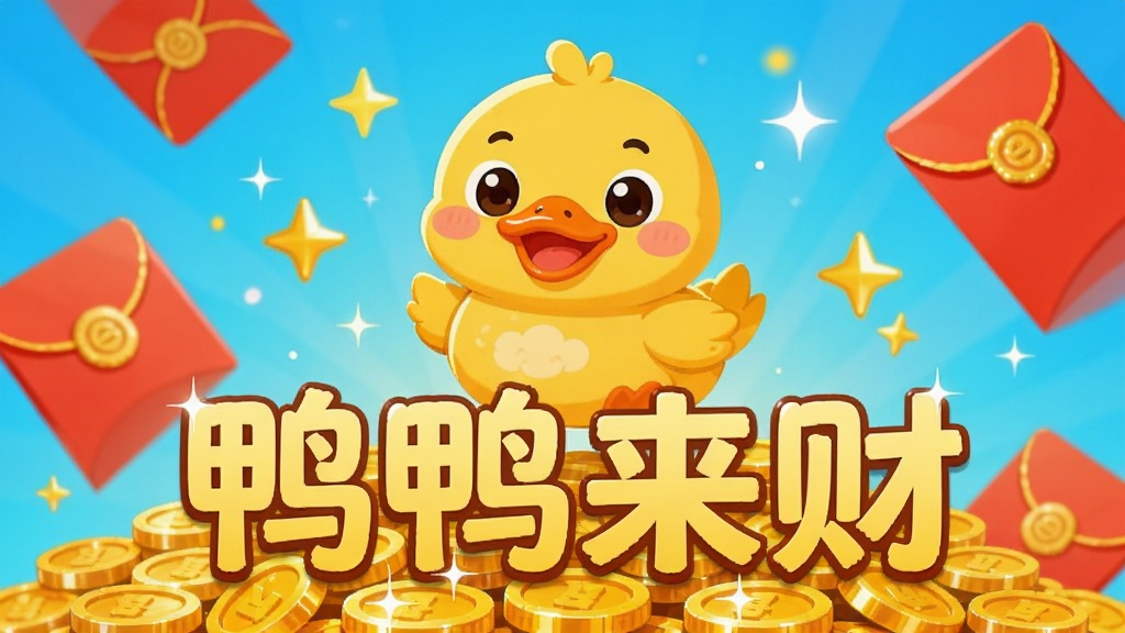 一只可爱的卡通黄色鸭子站在金币堆上,周围散落着红色红包和闪亮星星,背景为明亮的浅蓝色渐变,画面中央放置“鸭鸭来财”四个大字,整体风格为Q版扁平插画,色彩鲜艳柔和,细节包括鸭子表情开心、金币反光质感、红包带有金色封口,画质清晰干净,无多余元素