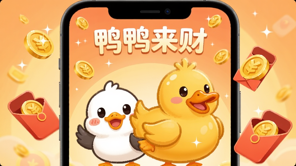 画面展示手机屏幕中两只卡通鸭子合并后变成一只更大的金色鸭子,周围飘落金币和红包,屏幕上方显示“鸭鸭来财”字样,背景为柔和的橙黄色光晕,风格为卡通扁平化UI插画,细节包括鸭子表情惊喜、金币有高光反射、红包微微打开露出金币,画质清晰干净,无多余元素