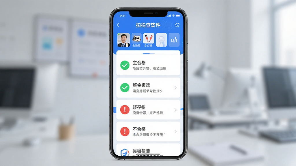 主体是拍拍查软件的报告解读页面,布局为手机屏幕居中,排版为上方报告标题下方指标解读列表,风格为科技蓝白风,细节包括绿色对勾图标表示合格、红色感叹号图标表示不合格、每个指标旁有简短文字说明,画质清晰干净无多余元素