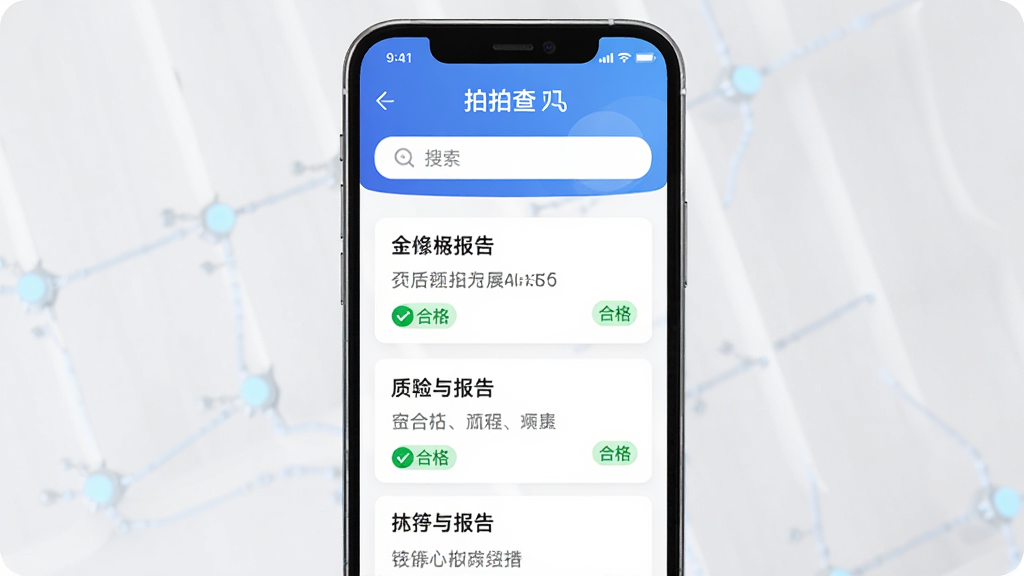 主体是一个智能手机屏幕展示拍拍查软件主界面,布局为手机居中放置,屏幕内显示质检报告查询结果页面,排版为上方搜索栏下方报告列表,风格为现代简约科技风,细节包括蓝色渐变标题栏、白色卡片式报告条目、绿色合格标签,画质高清干净无多余元素