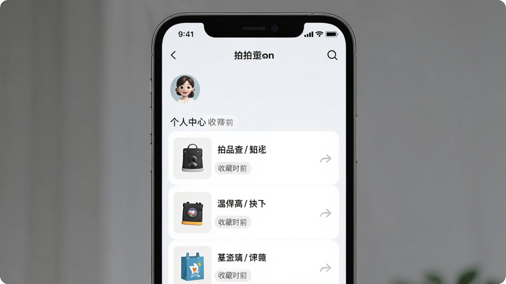 主体是拍拍查软件的个人中心收藏页面,布局为手机屏幕居中展示,排版为上方用户头像下方收藏列表,风格为清新浅色风,细节包括列表项带有商品缩略图、商品名称、收藏时间标签,画质高清干净无多余元素