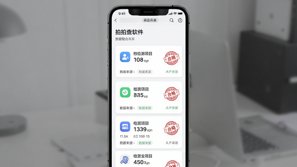 主体是拍拍查软件的数据整合展示页面,布局为手机屏幕居中,排版为上方商品名称下方多张报告卡片纵向排列,风格为商务简约风,细节包括卡片内显示检测项目图标、合格印章标识、数据来源标签,画质高清干净无多余元素