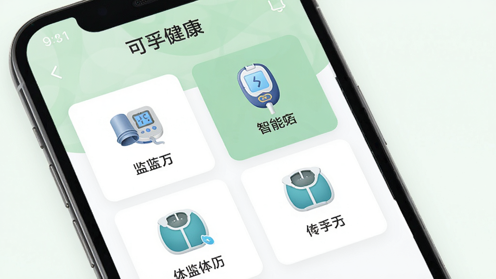 可孚健康APP设备连接界面,手机屏幕显示蓝牙搜索附近的可孚智能设备列表,包括血压计、血糖仪、体脂秤图标,界面采用卡片式设计,背景为白色与浅绿色搭配,风格简洁明快,细节清晰,画质高清,干净无多余元素,图中文字为“可孚健康”。