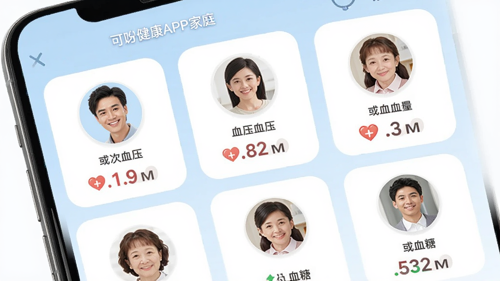可孚健康APP家庭成员管理界面,手机屏幕显示多个家庭成员头像卡片,每个卡片下方显示最近一次血压或血糖测量数值,界面采用柔和圆角设计,背景为淡蓝色,风格温馨友好,布局网格排列,细节清晰,画质高清,干净无多余元素。