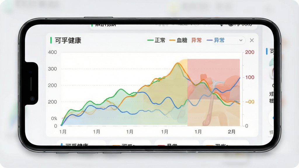 可孚健康APP数据趋势图界面,手机屏幕展示血压和血糖的折线趋势图,图表颜色清晰区分正常与异常区间,界面背景为浅灰色,风格专业简洁,布局上下分布,细节丰富,画质高清,干净无多余元素,图中文字为“可孚健康”。