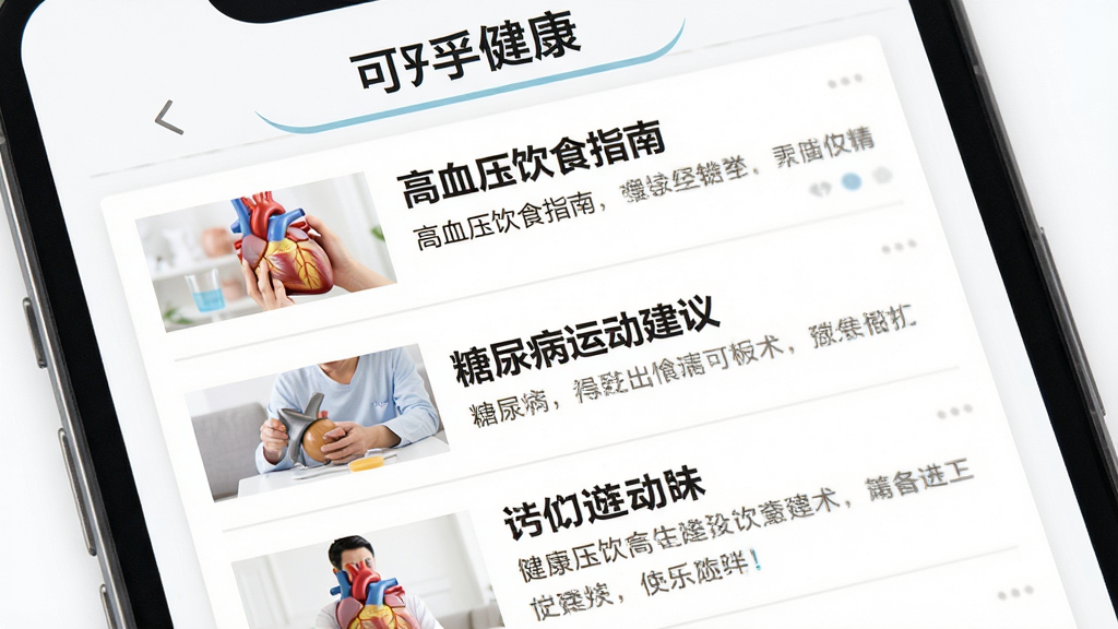 可孚健康APP健康科普页面,手机屏幕显示健康文章列表,包含高血压饮食指南、糖尿病运动建议等标题,界面采用杂志式排版,背景为白色,风格清新易读,布局上下滚动,细节清晰,画质高清,干净无多余元素,图中文字为“可孚健康”。