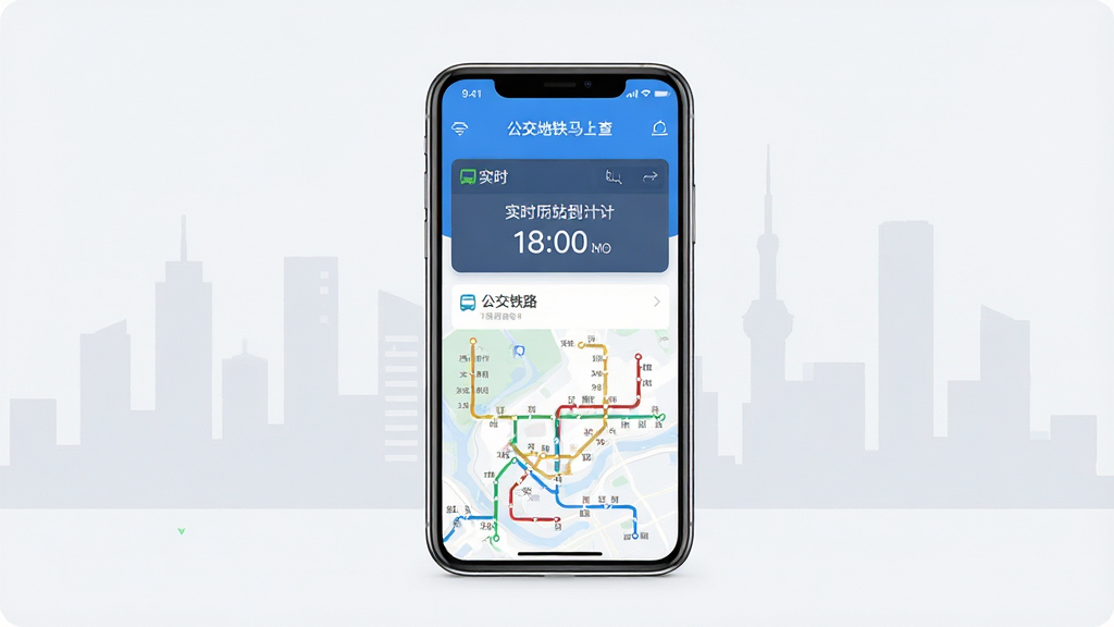 一张干净整洁的手机应用界面展示图,画面中央是一部现代智能手机,屏幕上显示着“公交地铁马上查”的蓝色主题界面,可以看到实时公交到站倒计时和地铁路线图,背景是柔和的浅灰色城市剪影,整体风格清新简约,画质清晰,无多余装饰元素