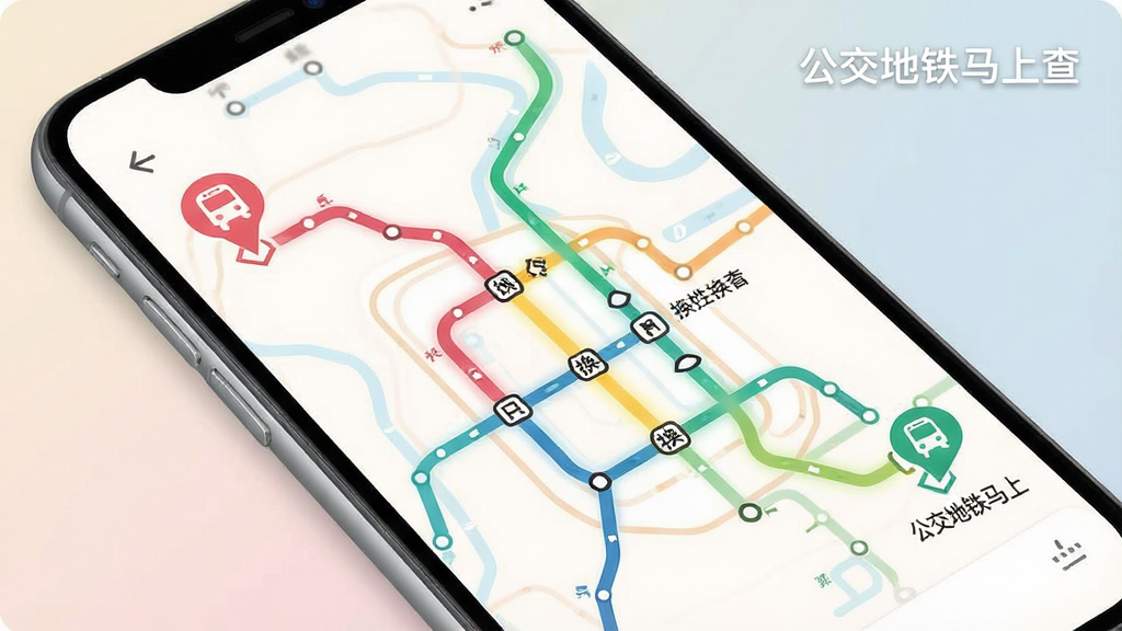 一张展示地铁线路规划的手机界面效果图,画面中手机屏幕显示着彩色地铁线路图,起点和终点用醒目的标记标出,中间用高亮线条连接换乘路径,旁边有“公交地铁马上查”的小字标识,整体布局清晰,色彩柔和,画质细腻