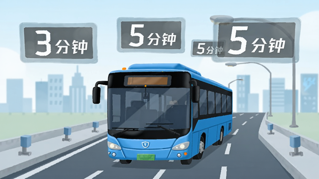 一幅展示公交车在城市道路上行驶的插画,画面中一辆蓝色公交车正沿着道路前进,道路上方漂浮着半透明的数字倒计时面板,显示“3分钟”“5分钟”等字样,背景是简洁的城市建筑轮廓,风格现代明快,画质干净,突出“公交地铁马上查”的实时追踪概念