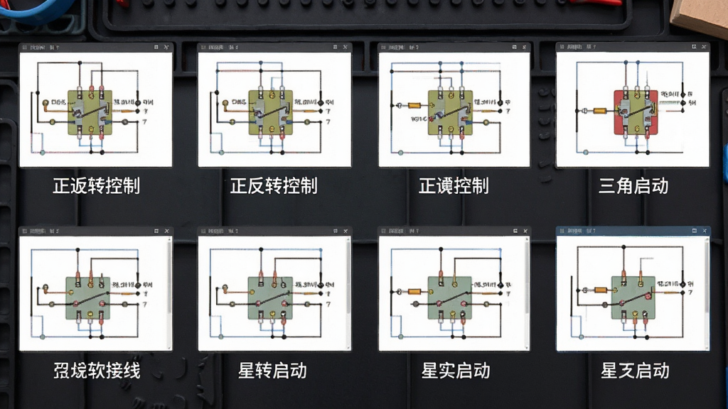 一张展示电工仿真接线软件电路模板列表的图片,画面中排列着多个电路缩略图,包括正反转控制、星三角启动等,每个缩略图下方有名称标签,背景为深色工作台,风格为简洁商务风,细节包括缩略图内的接线示意,画质清晰,干净,无多余元素