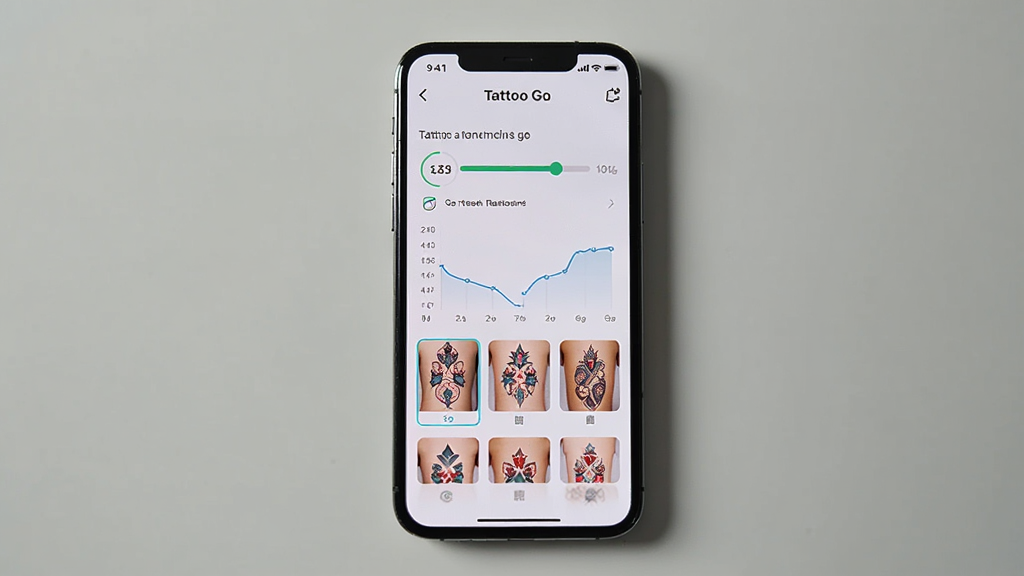 主体为一部智能手机屏幕显示Tattoo Go应用界面,界面中包含纹身护理进度条与纹身图案缩略图,布局为手机居中放置于浅色桌面背景上,排版为竖向构图突出手机屏幕内容,风格为现代简约数码产品展示风,细节包括屏幕内清晰可见的纹身护理数据图表与彩色纹身小图、手机边缘有轻微反光质感,画质为4K超清、干净、无多余元素