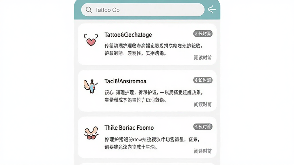 主体为Tattoo Go应用内护理知识文章列表界面,布局为纵向卡片式排列多篇护理文章,排版为标题加摘要的卡片流,风格为知识付费类阅读应用界面风,细节包括每张卡片左侧有小图标、右侧有阅读时长标注、顶部有Tattoo Go搜索栏,画质为高清、干净、无多余元素