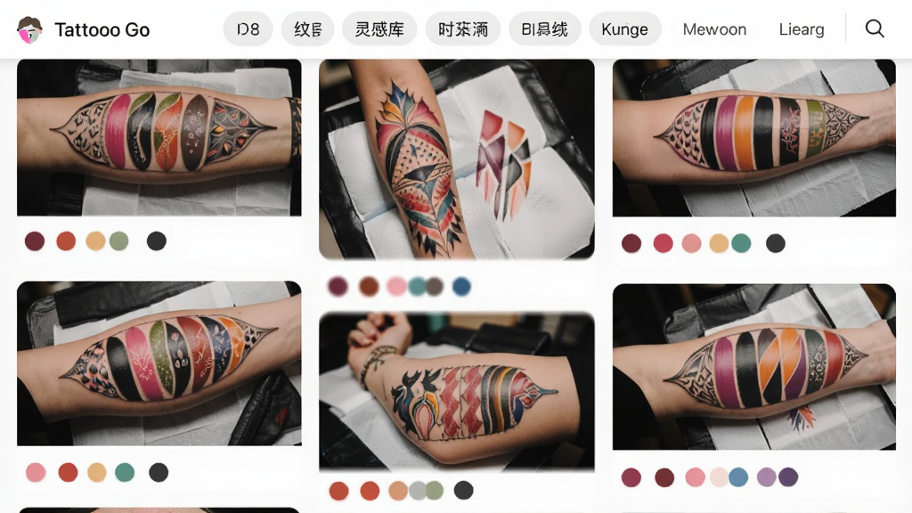 主体为Tattoo Go应用内纹身色彩灵感库界面,布局为瀑布流展示多种纹身配色方案图,排版为错落有致的图片流,风格为艺术设计类灵感采集应用风,细节包括每张图下方有配色圆点标识、顶部有分类标签栏、整体色彩丰富但不杂乱,画质为高清、干净、无多余元素